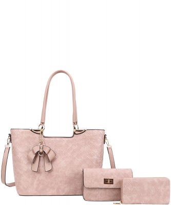 3in1 Quilt Textured Bow Satchel Crossbody and Wallet Set BZ-8093-S PINK